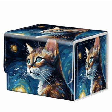 Imagem de RMJKXQZG Estojo magnético forte Mtg Magic Deck Box Tcg até 200 cartas padrão criativo caixa de armazenamento de cartões colecionáveis para jogos de cartas colecionáveis, um gato fofo com noite