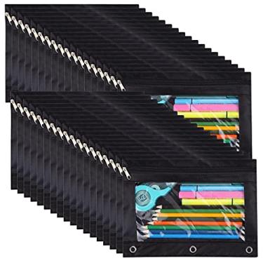 Imagem de YoeeJob Estojo de lápis com 3 anéis com janela transparente para papel de papelaria caixa de pasta organizadores de sala de aula preto pacote com 36