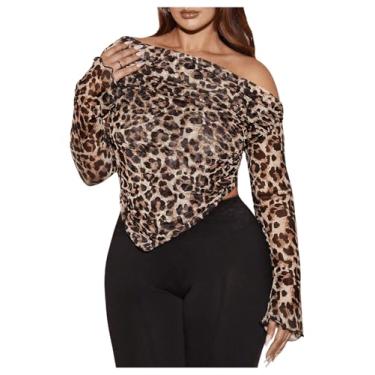 Imagem de BEAUDRM Camisetas femininas plus size com estampa de leopardo, ombros de fora, camiseta assimétrica de manga comprida, Marrom, 3G