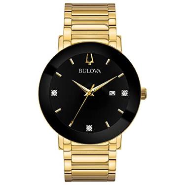 Imagem de Bulova Relógio masculino de quartzo de 3 ponteiros com mostrador de diamante e cristal de ponta a ponta, Tom dourado/mostrador preto, Pulseira de aço inoxidável moderna futuro de quartzo dourado