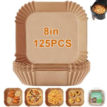 Imagem de Forros de papel para fritadeira a ar, 125 peças, forros de papel pergaminho antiaderentes, forros de fritadeira a ar de 20 cm descartáveis, forros de papel quadrado para assar no micro-ondas (20 cm