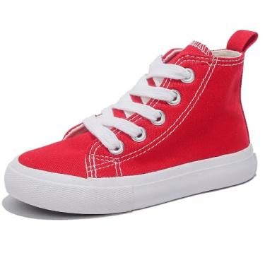 Imagem de OPOEE Sapatos infantis de cano alto com cadarço Espadrcanvas de volta às aulas para meninos e meninas sapatos brancos para adolescentes clássicos infantis tênis sapatos de skate para bebês, Vermelho,