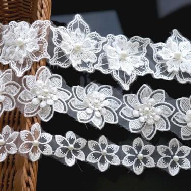Imagem de Xiufortion 3 estilos de fita de contas de pérolas com acabamento de renda floral, apliques de bricolage, artesanato para casamento, vestido de noiva, decoração de roupas de festa, artesanato, laço de