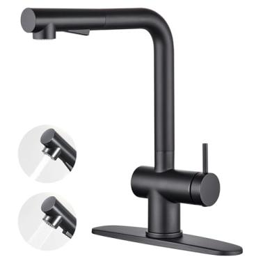 Imagem de Aktines Torneira de cozinha preta fosca com pulverizador de 2 funções, torneira de pia de cozinha de aço inoxidável com placa de deck, serve para pias de 1 ou 3 furos para cozinha, bar, trailer