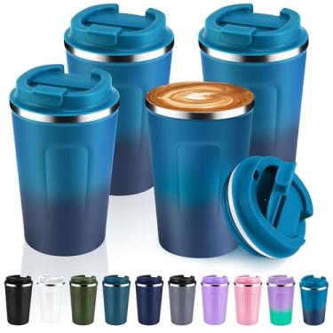 Imagem de Volhoply Caneca de café de viagem isolada a vácuo de parede dupla de 355 ml com tampa dobrável a granel, 4 xícaras de café reutilizáveis à prova de vazamento, copo térmico portátil para bebidas
