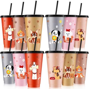 Imagem de Mifoci 12 peças de copos de lembrancinhas de festa de cachorro, copo de plástico para cães de 680 g com tampa e canudo, copos de café reutilizáveis com estampa de cachorro para suprimentos de festa