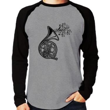Imagem de Camiseta Raglan Trompa Notas Musicais Manga Longa - Foca na Moda, Cinz