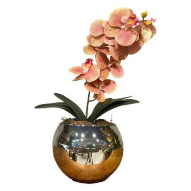 Imagem de Orquídea Rosa Artificial Arranjo no Vaso Espelhado Flores Permanentes 