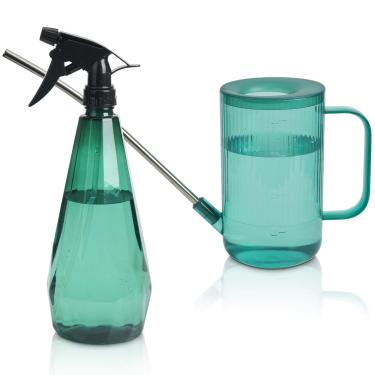 Imagem de T4U Regador de 945 ml de plástico longo, bico de aço inoxidável com garrafa de spray de névoa fina para uso interno e externo, garrafa moderna com alça para jardinagem e limpeza (verde)