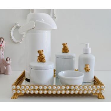Imagem de Kit Higiene Bebê Porcelana K023 Térmica Bandeja Pérola Dourada Banho Q