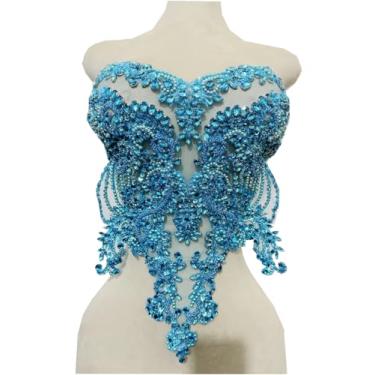 Imagem de Feito à mão vermelho/azul/ouro/verde strass renda corpete apliques costura contas cristal acabamento remendos acessório para roupas sociais (azul celeste)