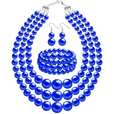 Imagem de WINSENET Conjunto de joias de pérolas grandes para mulheres, colar e pulseira de pérolas falsas em camadas, conjunto de bijuterias vintage dos anos 20 para festa de aniversário de casamento, Aço