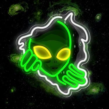 Imagem de JIARODEY Placa De Neon Alienígena, Luzes De Neon Led Alienígena Verde Reguláveis Para Decoração De Parede, Sala De Jogos, Bar, Festa, Quarto, Decoração De Caverna Do Homem, Placa De Iluminação Alieníg