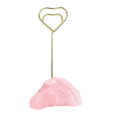Imagem de rockcloud Suporte de cartão de mesa de quartzo rosa cristal de quartzo dourado para festa de casamento, decoração de escritório em casa, formato de coração