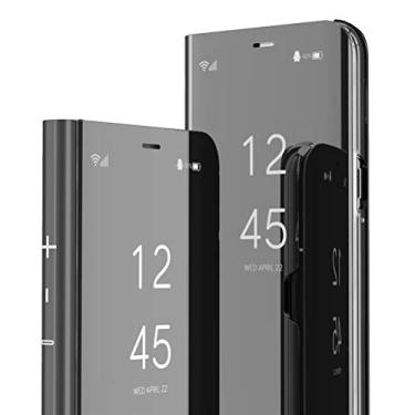 Imagem de QIVSTARS Capa para Samsung Galaxy S10 Cool Style Clear View Window galvanizado suporte à prova de arranhões capa protetora de corpo inteiro flip ultrafina para Samsung Galaxy S10 PU espelho: preto QH