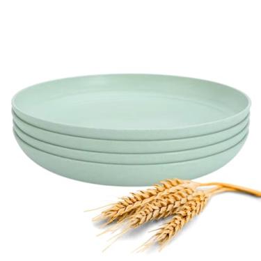 Imagem de Conjunto 4 Pratos Jantar Coloridos Refeição Adulto Criança Infantil Resistente Ecológico Palha de Trigo Seguro Microondas Lava Louças Freezer e Geladeira Reutilizável (Verde)