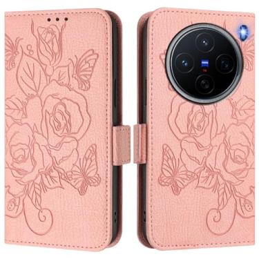 Imagem de Capa carteira rosa e borboleta em relevo para vivo X200 Pro, [bloqueio RFID] [suporta carregamento sem fio] 3 compartimentos para cartão e 1 compartimento para dinheiro, capa flip com fivela magnética