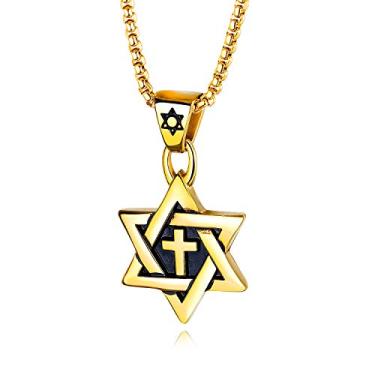 Imagem de Rockyu Colar masculino de estrela de Davi banhado a ouro com pingente hexâmero de aço inoxidável, corrente estilo vintage, 61 cm, religioso, judaico, Aço inoxidável
