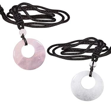 Imagem de Nupuyai Pacote com 2 colares com pingente de moeda da sorte para mulheres e homens, colar com pingente de cristal rosquinha circular unissex com corda ajustável, Cristal rosa + cristal de rocha,