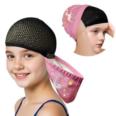 Imagem de Lynllsh Touca de natação infantil para cabelo comprido, tecido poliuretano, toucas de natação para meninas, chapéus de natação de 2 tamanhos para crianças de 6 a 14 anos, crianças adolescentes, bonés