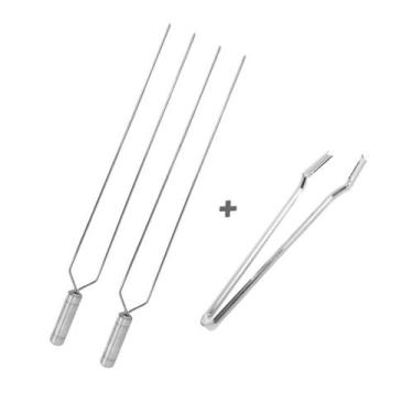 Imagem de Kit Espeto Duplo Inox 50cm Mais Pegador De Carnes, Churrasco - INOX LA