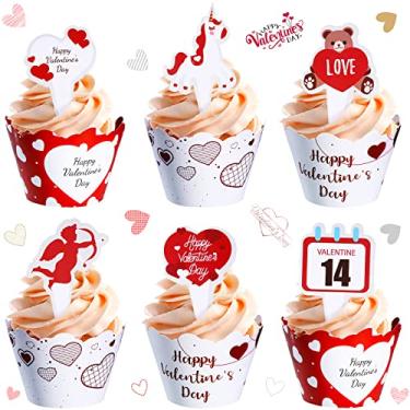 Imagem de 48 peças de enfeite para bolo de dia dos namorados para decoração de cupcake, decoração para cupcake, suprimentos para festa de Dia dos Namorados