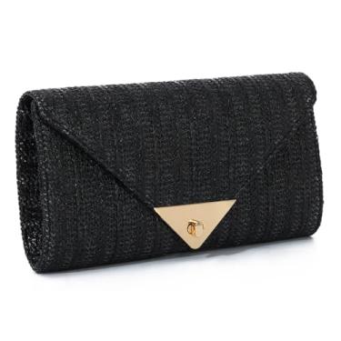 Imagem de LUI SUI Bolsas de mão de palha para mulheres, bolsa de praia de verão, bolsa de mão de ratã, bolsas transversais de ráfia, bolsas de férias, Preto, One Size