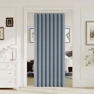 Imagem de Turquoize Cortina magnética 100% blackout para portas sanfonadas e dobráveis - Armário plissado texturizado de linho e divisória de quarto, 1 painel, L 111 x C 192, azul pedra