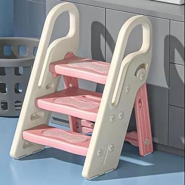 Imagem de Escada dobrável Banqueta dobrável para crianças para pia de banheiro, banqueta ajustável de 3 degraus para crianças, banco de treinamento para penico com alças, ajudante de banco de cozinha infantil,