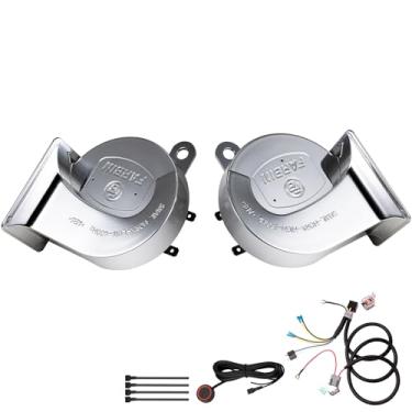 Imagem de Kit de buzina, buzina de carro prata, buzina de motocicleta alta à prova d'água, buzina de trem para qualquer veículo de 12 V, buzina GM para moto (buzina dupla prata de 12 V com botão e fio)