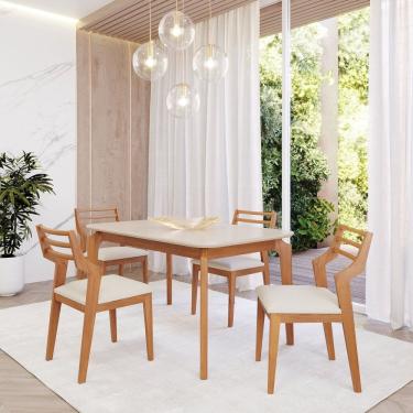 Imagem de Sala de Jantar Ficus 130cm com 4 Cadeiras Damasco Madeira /Offwhite
