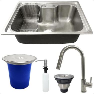 Imagem de Kit Cozinha Cuba Gourmet Inox 304 60x42 Lixeira De Embutir 5L Torneira