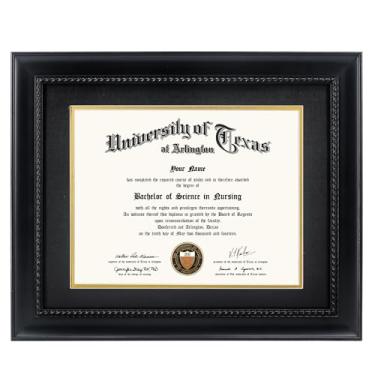 Imagem de GMFrames Moldura de grau de diploma de 21 x 28 cm com tapete ou visor certificados de 28 x 35 cm sem tapete, madeira maciça, acabamento preto com detalhes intrincados de corda preta, acrílico com