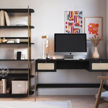 Imagem de Kit 2 Peças com Escrivaninha 2 Gavetas e Estante Palhinha Pé Metal