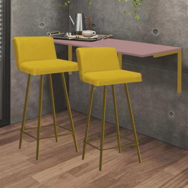 Imagem de Kit Mesa Suspensa de Parede Fixa mdf Rosa + 2 Banquetas Lexi Ferro Dourado Sintético Amarelo - Ahazzo Móveis