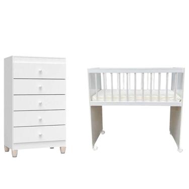 Imagem de Mini Berço Moisés Alegria com Colchão e Cômoda Gaveteiro Ternura Baby Branco Brilho - Incorplac