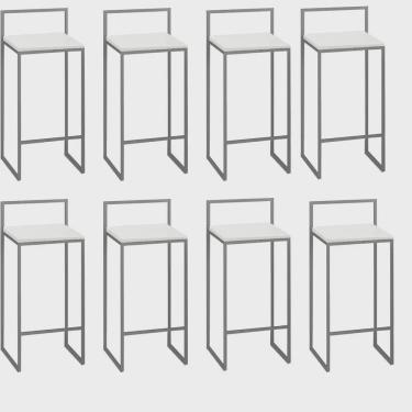 Imagem de Kit 08 Banquetas Alta Com Encosto Lino Industrial Balcão Bistrô Ferro Cinza mdf Madeira Branco - Ahz Móveis