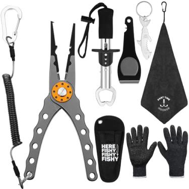 Imagem de VioraWhite Kit de 8 ferramentas de pesca, conjunto de removedor de anzol, inclui alicates de pesca, garra de lábio de peixe, tesouras multifuncionais, luvas de pesca, chaveiro e gancho para homens e