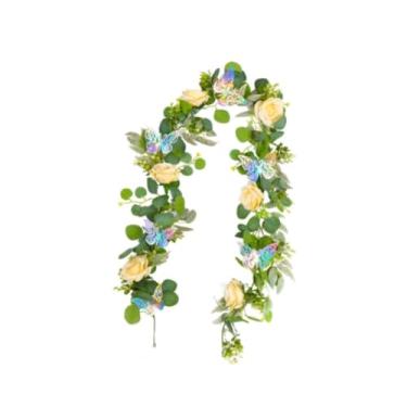 Imagem de IEUDNS Guirlanda de Eucalipto Artificial com Flores, Trepadeiras de Folhas Verdes Artificiais, Guirlanda de Folhagens Florais, Plantas Suspensas para Arranjo, flor amarela