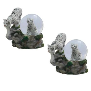 Imagem de ICE ARMOR Conjunto de presente de 2 peças 10 cm H tigre branco com filhote glitter globo de neve estátua escultura ornamento decoração decoração de casa/quarto para inauguração de casa, feriados,