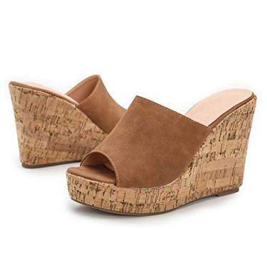 Imagem de Sandálias femininas plataforma plataforma plataforma plataforma plataforma anabela da Lehoor Peep Toe, salto anabela 4,5 polegadas de microfibra camurça 6-11 M US, Tan, 8