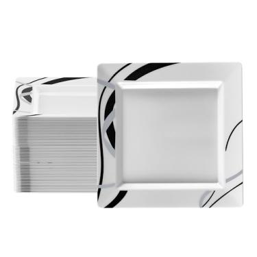 Imagem de Pratos quadrados brancos com bolinhas prateadas no aro da Oasis Creations – 25,4 cm – 50 unidades – Plástico branco rígido premium – Descartável e reutilizável – Prato de aperitivo – Prato de jantar – Conjunto de pratos de festa