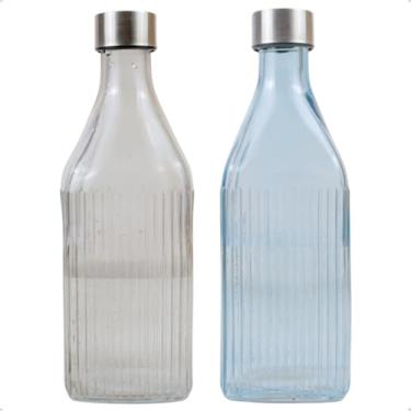 Imagem de Kit 2 Garrafas Quadrada De Vidro Canelado com Tampa 1l Colorida para Geladeira (Preta e Azul)