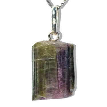 Imagem de Colar Mini Canudo Turmalina Melancia Bruto Natural Pino Prata 950