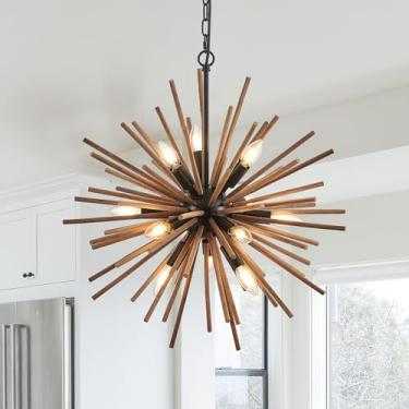 Imagem de lighceac Lustre Sputnik De 23,6" Estilo Fazenda Para Sala Jantar, Rústico, Feito À Mão, Madeira Natural, Com 12 Lâmpadas, Pendente Teto, Em Forma Estrela, Cozinha, Quarto, Hall Entrada E Corredor