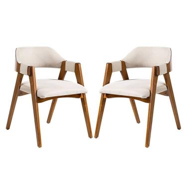 Imagem de Kit 2 Cadeiras Lua Estofada com Encosto Curvo em Madeira Maciça Imbuia Linho Bege L60 RMI