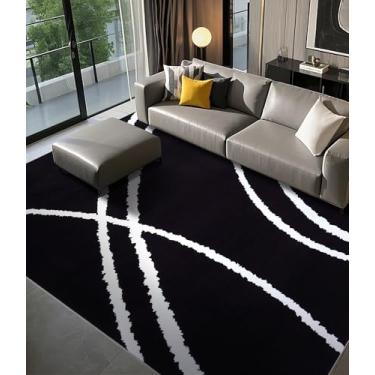 Imagem de YIHOUSE Tapete preto moderno 15 x 23, tapetes abstratos para quarto, tapete listrado minimalista, tapete geométrico preto e branco, tapetes laváveis escuros 15 x 23 tapetes antiderrapantes para sala