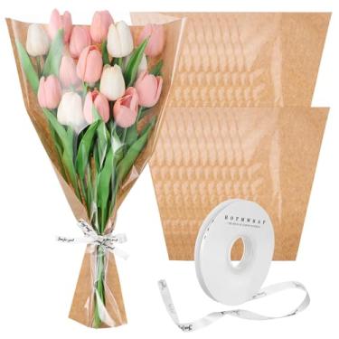 Imagem de NUOBESTY 40 peças de papel de embrulho para buquê com fita, mangas de flores kraft, marrom, floral, embalador, casamento, formatura, professor, presente de aniversário, 43 x 28 cm