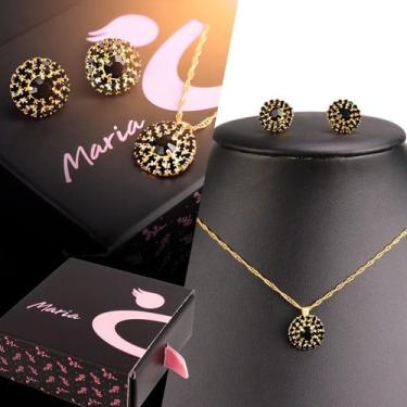 Imagem de Kit feminino colar e brinco Zicronia Dourado pingente strass  KCBPS - 