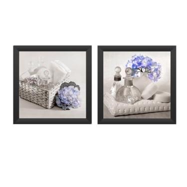 Imagem de kit 2 quadros decorativos 33x33 cm - banheiro, toalete, lavabo, moldura em madeira com vidro (pretas)